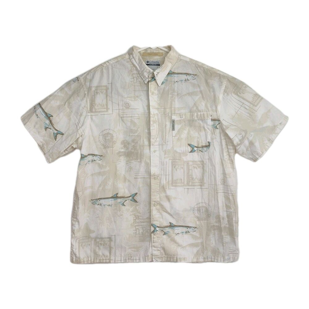 Columbia River‎ Lodge Button-Up Shirt Men's XL Tan w/ Fishing Pattern Mesh Lined
